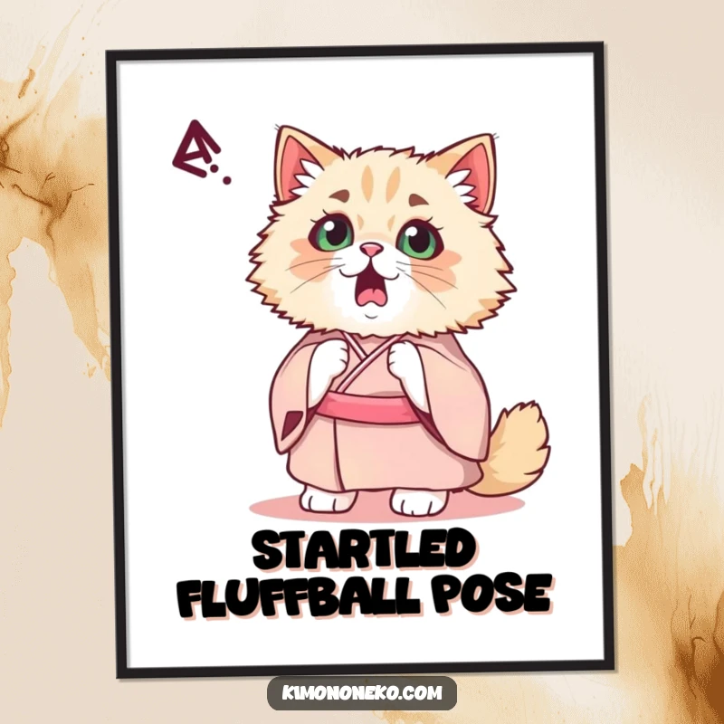 Funny Kawaii Persian Cat Digital Art: A startled cat in a fancy kimono is depicted with wide eyes, capturing a humorous moment of surprise.