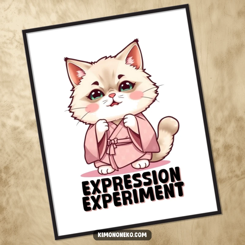 Funny Kawaii Ragdoll cat in soft kimono practicing a funny expression, cute anime digital art, gift.