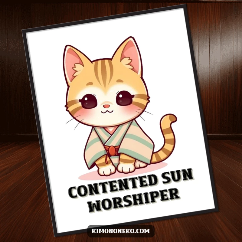 Funny Kawaii Tabby Cat Digital Art: A content tabby cat in a striped kimono is depicted basking in the sun, radiating humorous peace.