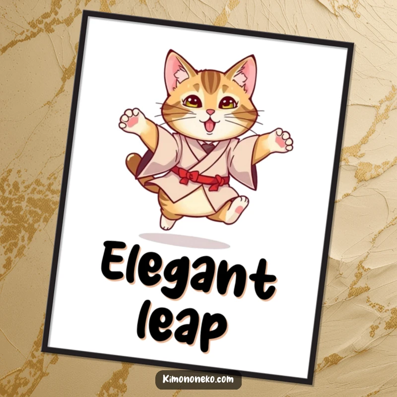 Funny Kimono Cat Digital Art Print: A tabby cat in a formal kimono captured in a humorous, graceful leaping pose.