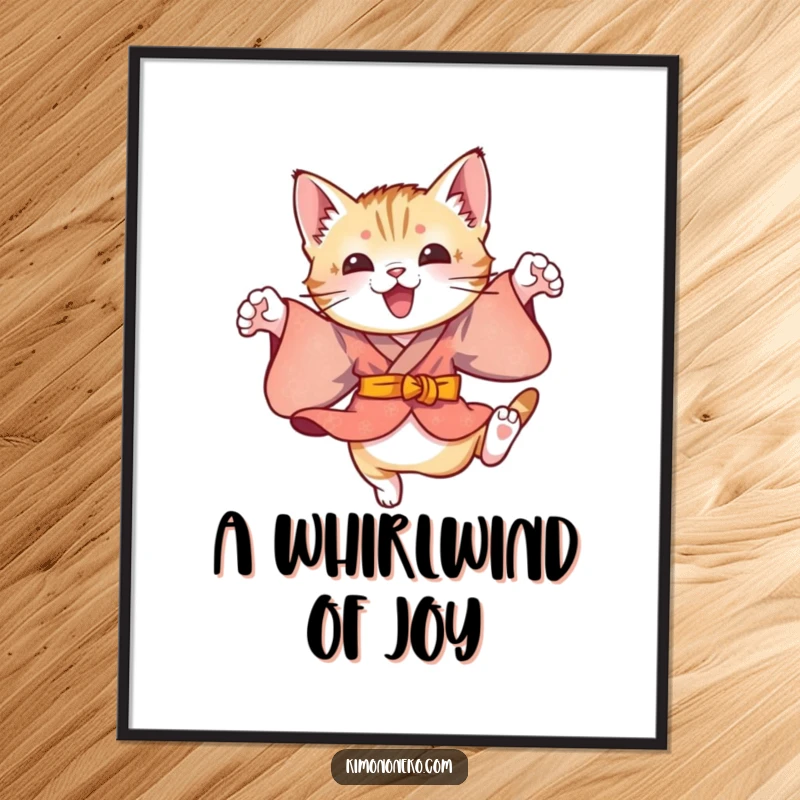 Funny digital art print of a playful kitten in a colorful kimono, energetically leaping, perfect for adding dynamic and cheerful decor.