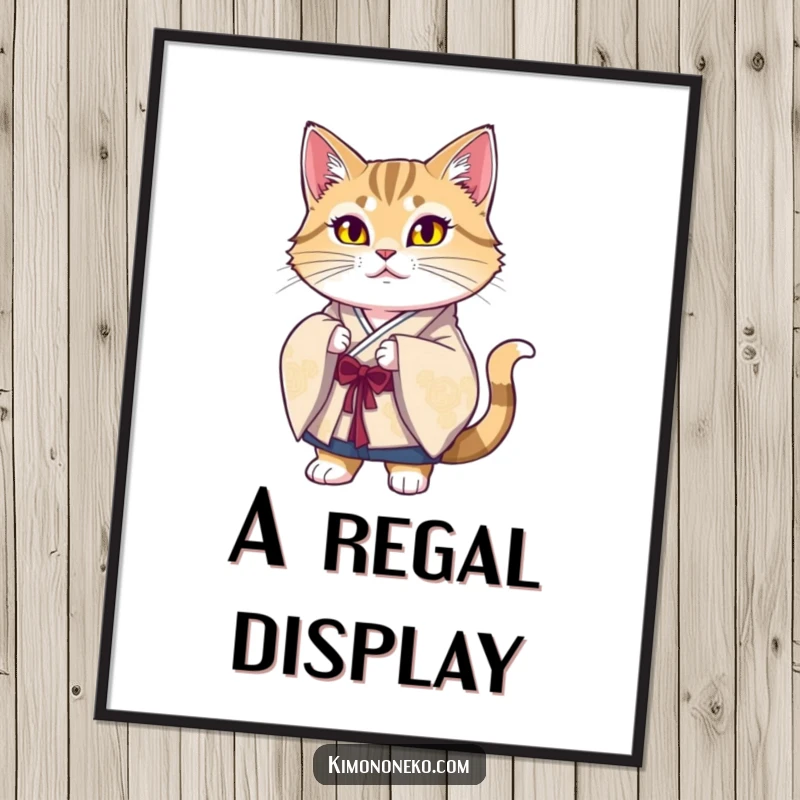 Funny Majestic Cat Kimono Digital Art Print featuring a proud cat in traditional silk, offering downloadable humorous and elegant wall decor.