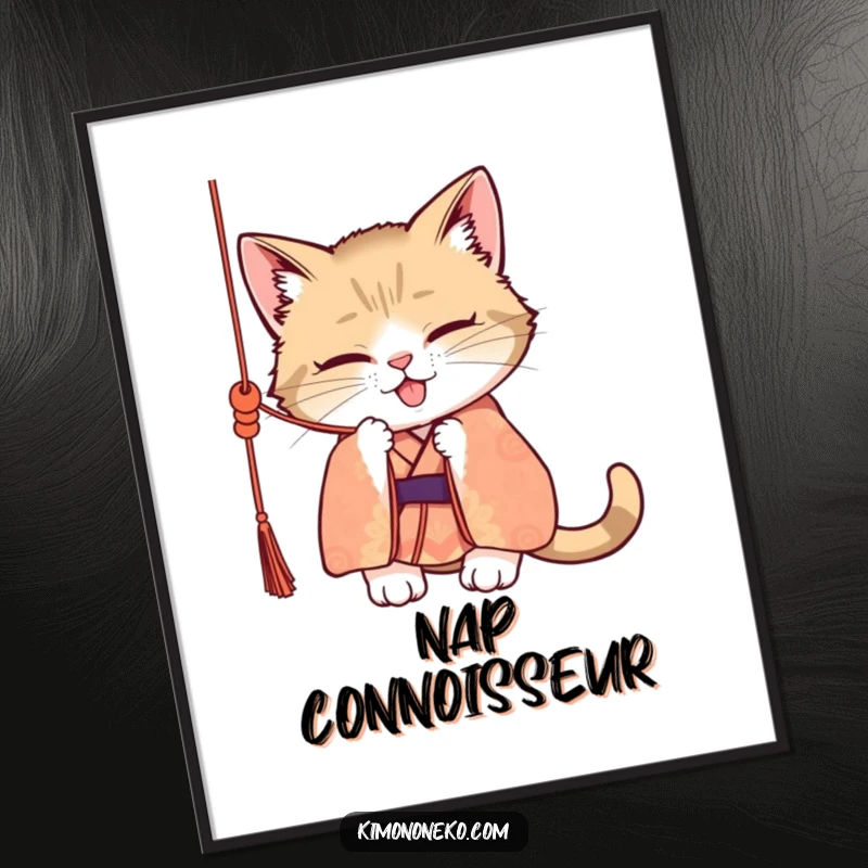 Funny digital art print of a mischievous cat in a patterned kimono, batting at a dangling silk cord, bringing playful energy and humor to your decor.