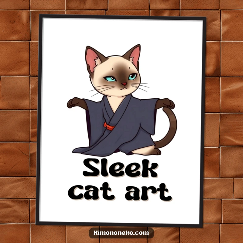 Funny Siamese Cat Digital Art Print: A sleek Siamese cat in a dark kimono elegantly stretches, creating a piece of refined art.