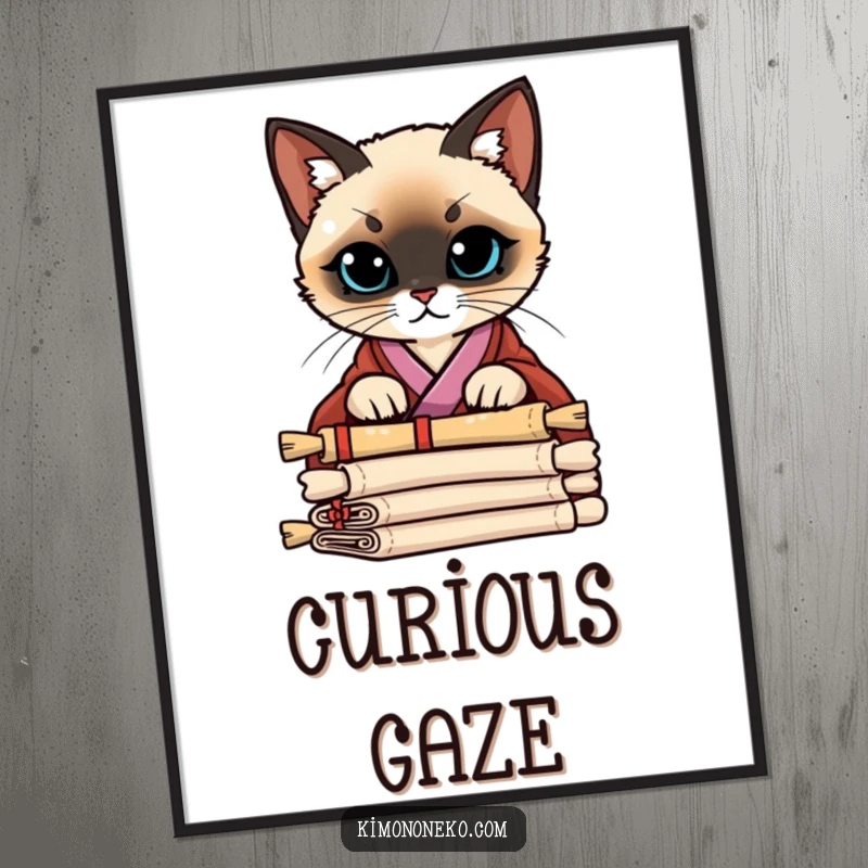 Funny Siamese Cat Kimono Digital Art Print: A Siamese cat in a stylish kimono peering curiously over a stack of scrolls, instant wall art.