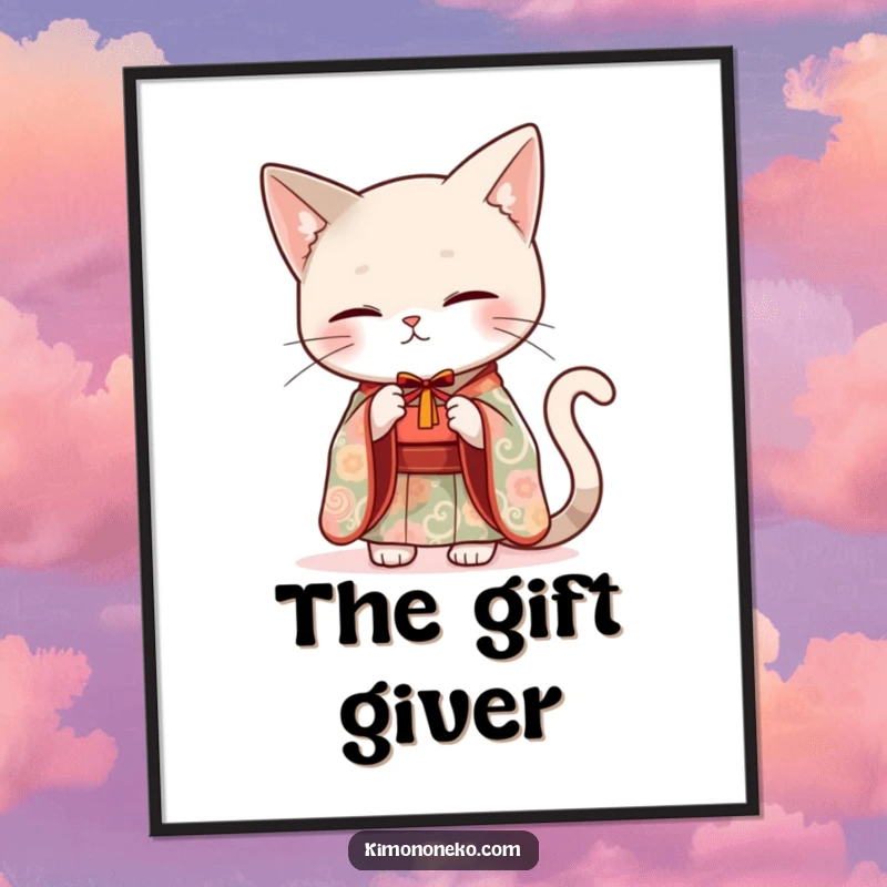Funny sleek cat in an elegant kimono offering a small gift, as a high-resolution digital art print.