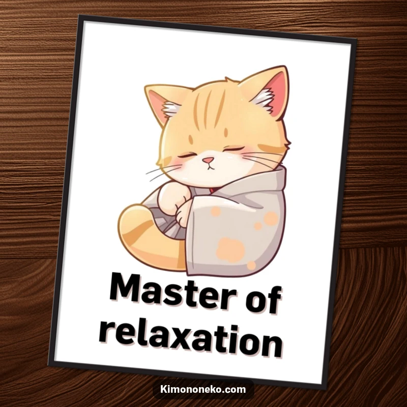 Funny digital art print of a sleepy cat in a kimono, curled in a sunbeam, offering instant humor and cozy vibes.