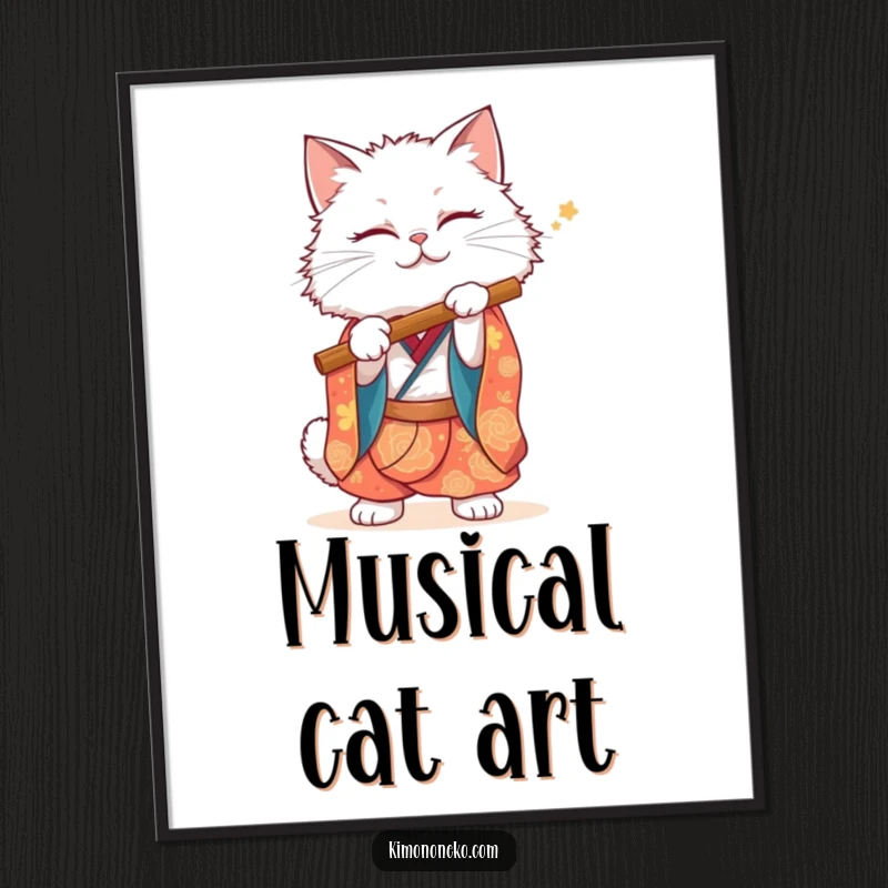 Funny White Cat Digital Art Print: A fluffy white cat in a vibrant kimono comically plays a flute, bringing artistic humor.