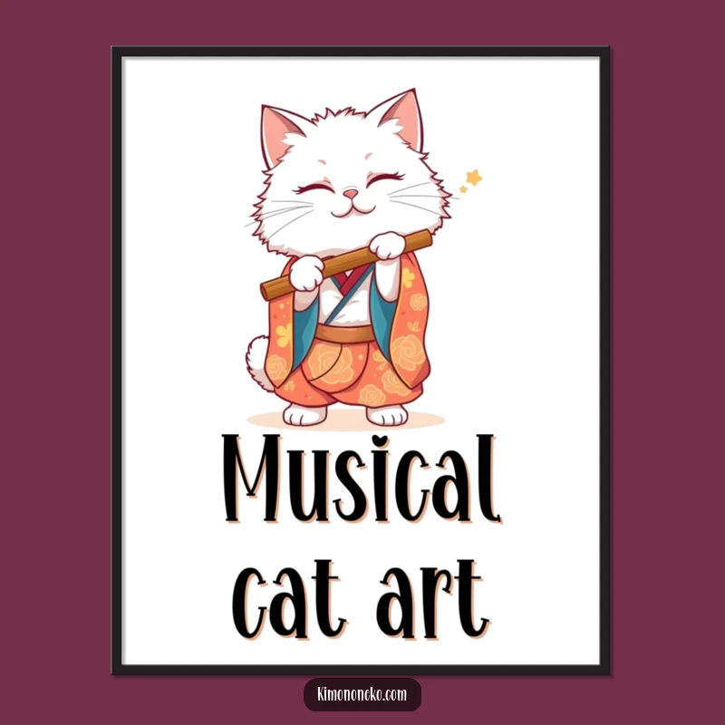 Funny White Cat Kimono Digital Art: Musical Feline Decor, Instant Whimsy Gift