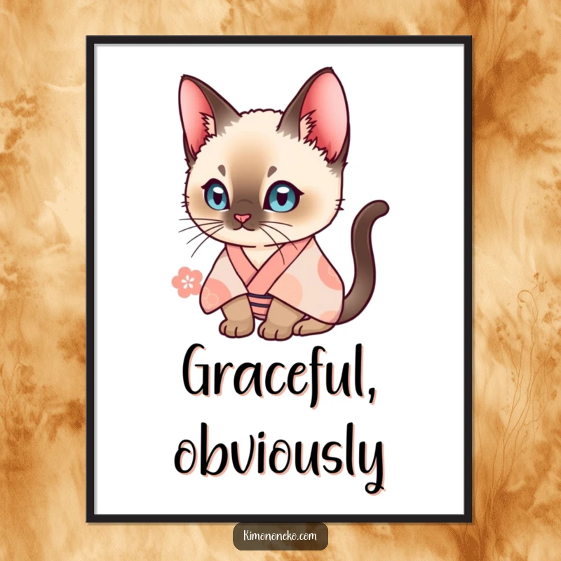 Funny Siamese cat in a patterned kimono, looking curious. Printable digital art for humorous home decor.