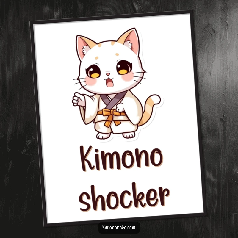 High-quality digital art print of a funny kawaii cat wearing a kimono and striking a dramatic, surprised pose.