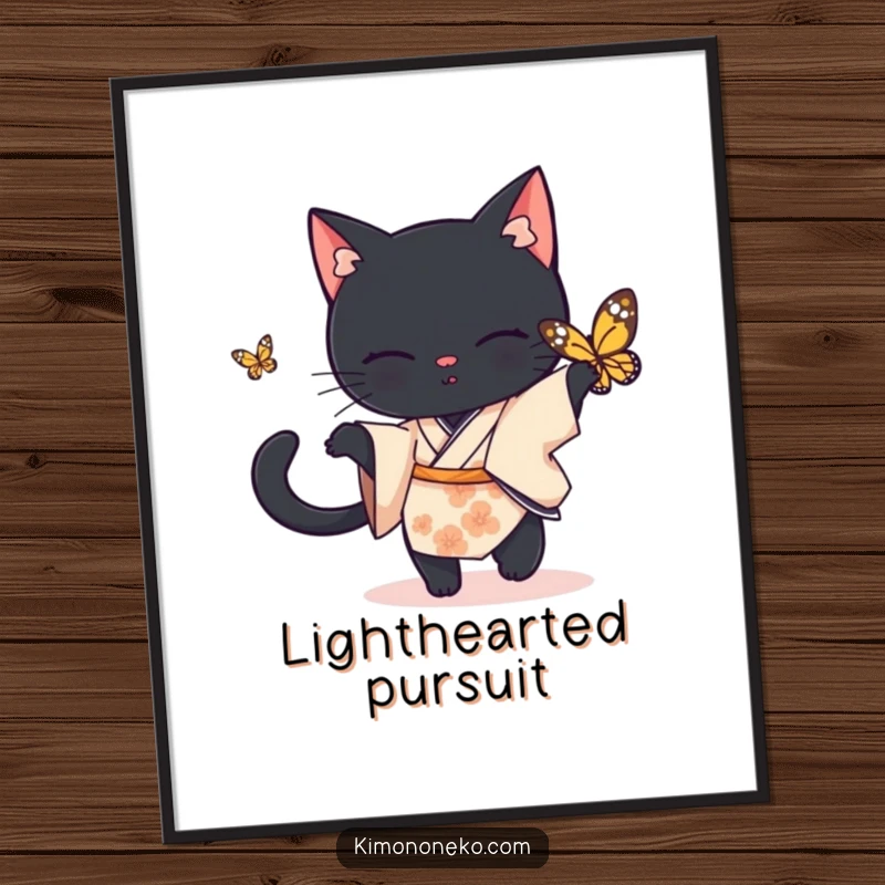 Funny black cat digital art print, a black cat in a simple kimono playfully chasing a butterfly, charming funny gift.