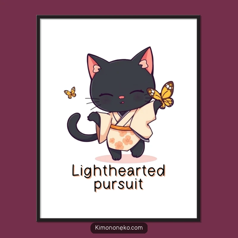 Funny Black Cat Kimono Digital Print: Playful Chase Art, Hilarious Decor