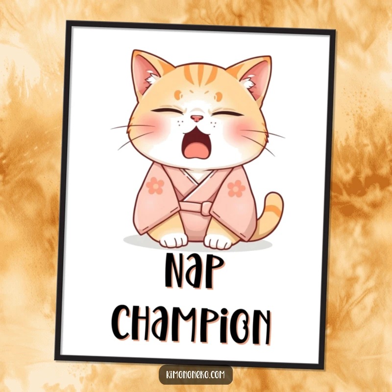 Funny digital art print of a sleepy cat in a soft kimono, adorably yawning with half-closed eyes, bringing cozy humor and tranquility to your home.