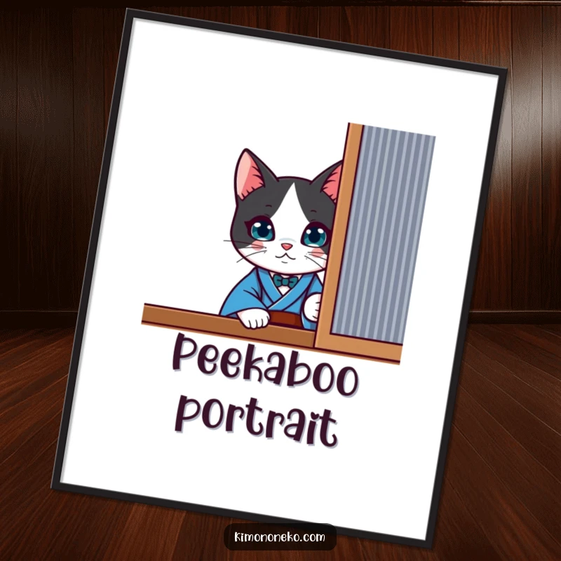 Funny curious kawaii tuxedo cat in a blue kimono, peeking from behind a screen, available as a high-resolution digital art print.