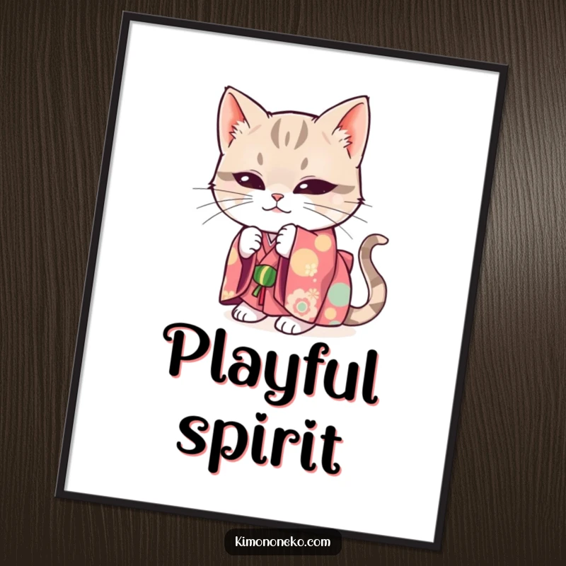 Funny digital art print of a mischievous cat wearing a bright kimono, hiding playfully.