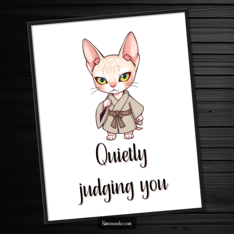Funny Kawaii Sphynx Cat Kimono Digital Art Print: A determined Sphynx cat in a kimono, ready to impress.