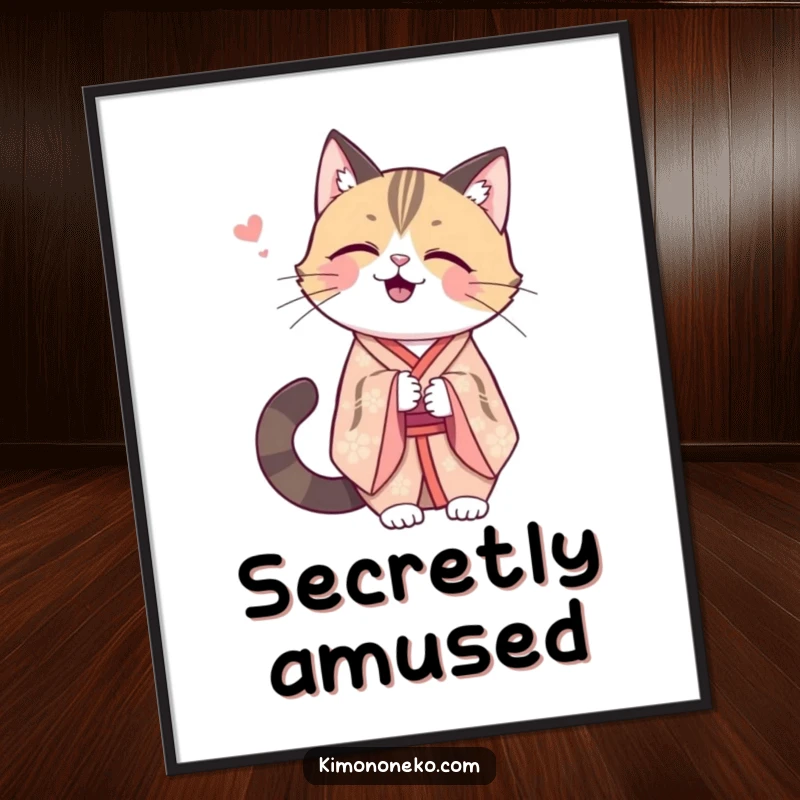 Funny Kawaii cat in an elegant kimono, sharing a secret giggle, charming digital art for instant wall decor.