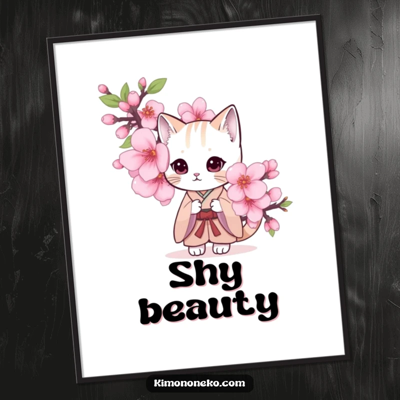 Funny digital art print of a shy cat wearing a kimono, peeking from behind a large cherry blossom.