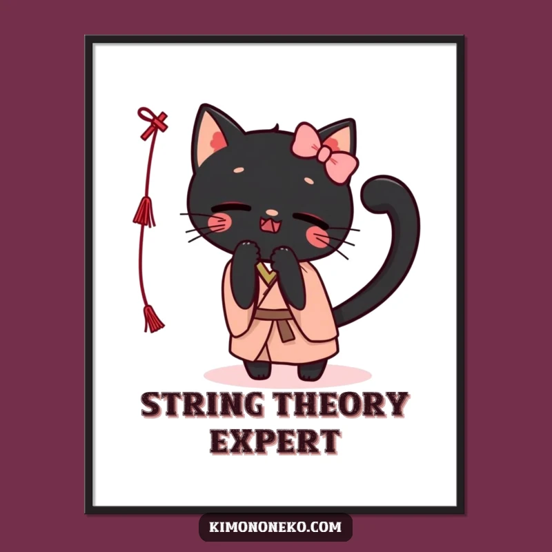 Funny Kawaii Black Cat Kimono Digital Print: Playful Batting String Wall Art Download Gift