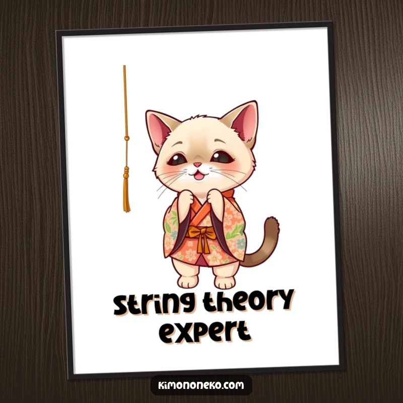 Funny Siamese cat in floral kimono, playfully batting at a dangling string, kawaii digital art.