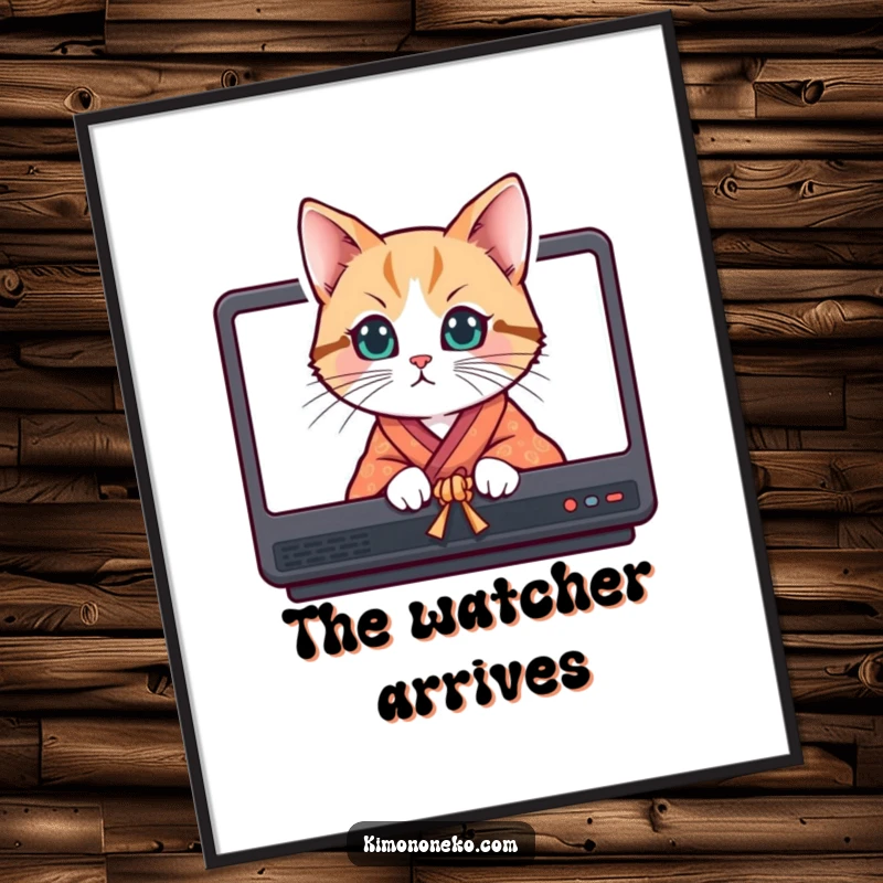 Funny curious cat in a bright kimono peeking from behind screens, as a high-resolution digital art print.