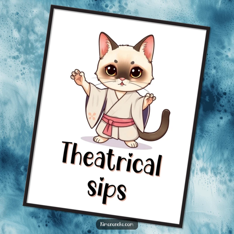 Funny Siamese Cat Kimono Digital Art Print: A Kawaii Siamese cat in a silk kimono posing dramatically, a humorous and elegant artwork.