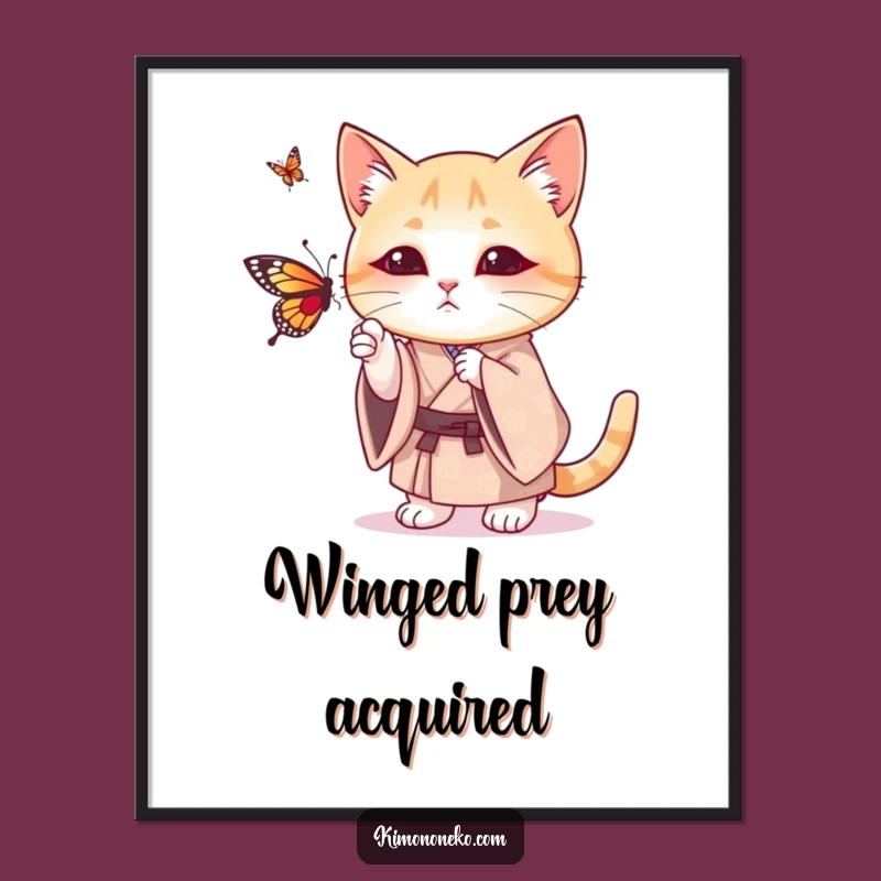 Funny Cat Kimono Digital Art: Playful Kitty Batting Butterfly - Instant Joy