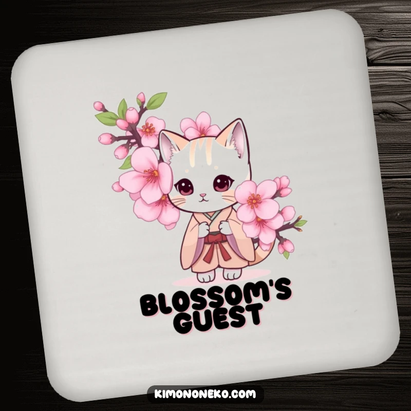 Funny coaster with a shy cat in a kimono, peeking from behind a large cherry blossom.