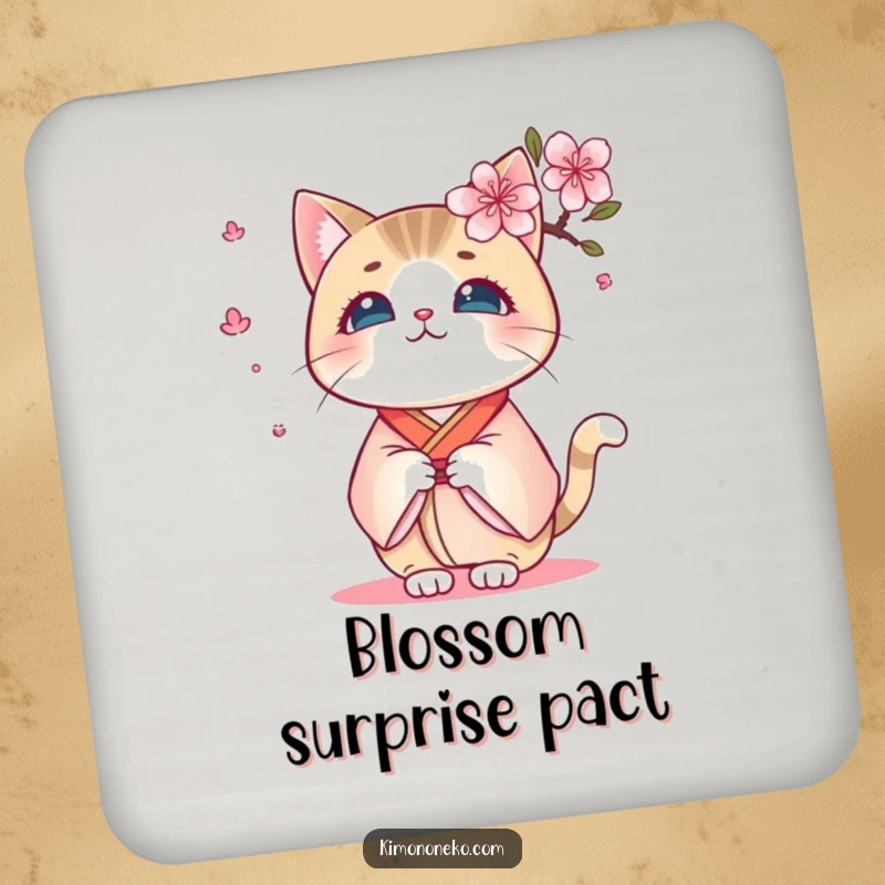 Funny Kimono Cat Coaster: A surprised kawaii cat in a kimono startled by a cherry blossom, protecting surfaces with humor.