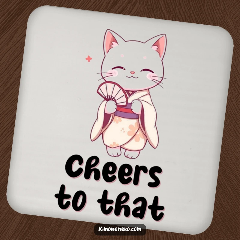 Funny white cat in a delicate kimono, holding a fan. Humorous coaster for elegant table protection.