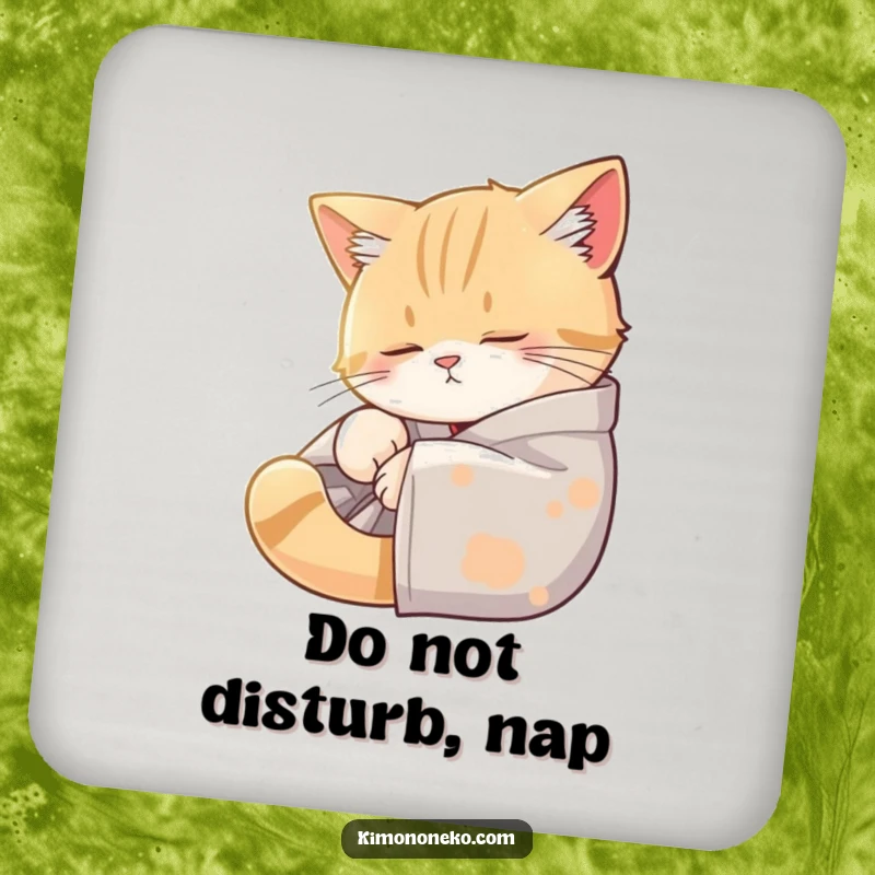 Funny drink coaster featuring a sleepy cat in a kimono relaxing in a sunbeam, protecting surfaces with humor and style.
