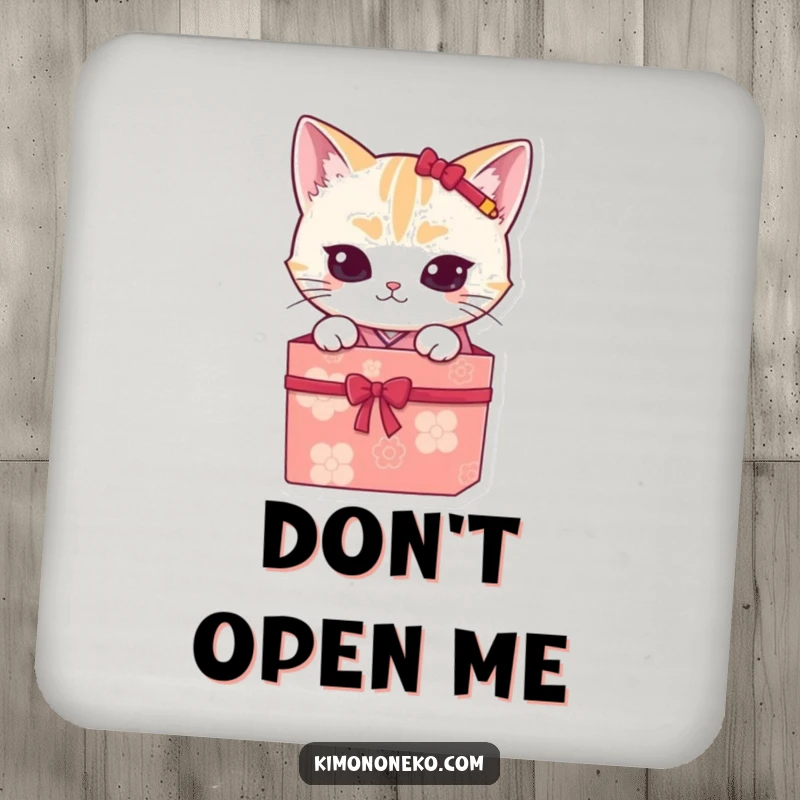 Funny kawaii cat in a kimono, peeking from a gift box, protecting surfaces on a small and funny drink coaster.