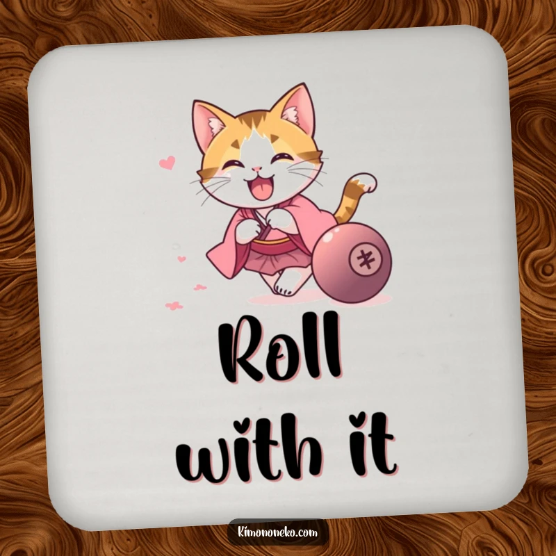 Funny kawaii calico cat in a pink kimono, chasing a rolling ball, on a functional and funny drink coaster, a fun gift.