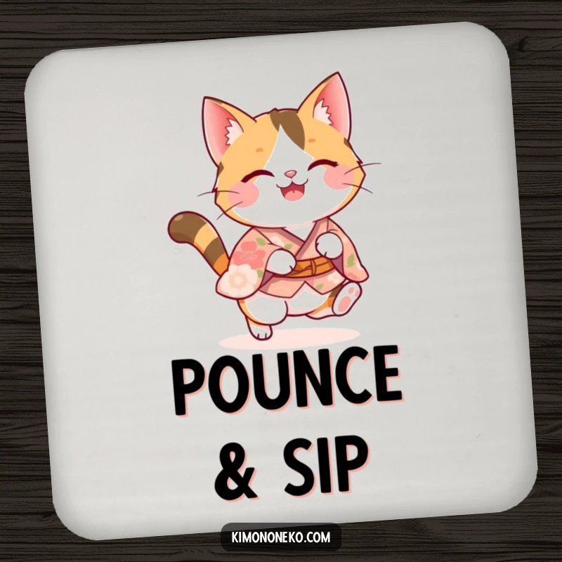 Funny calico kawaii cat in a floral kimono caught mid-joyful pounce, a charming and humorous design for a protective drink coaster.