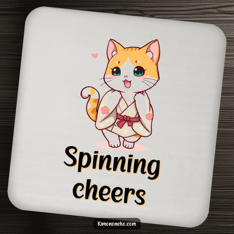 Funny Calico Cat Kimono Coaster: A cheerful calico cat in a kimono doing a happy spin with its tail up, adding charm.