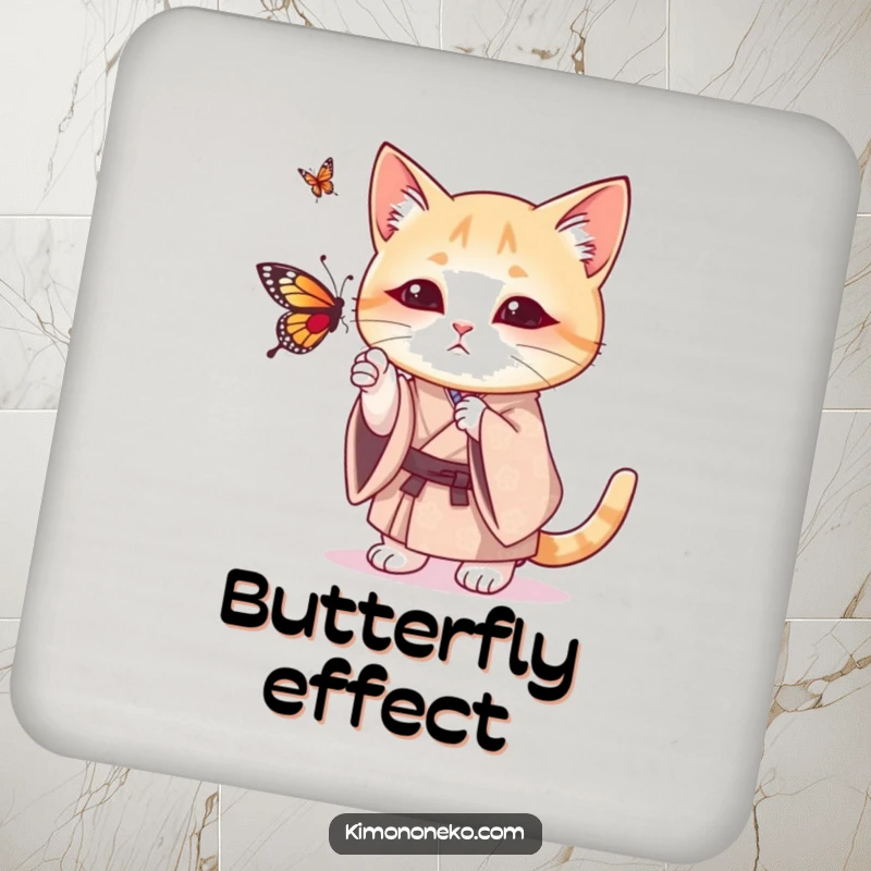 Funny drink coaster with a cat in a patterned kimono playfully batting at a butterfly, adding a humorous touch to any table.