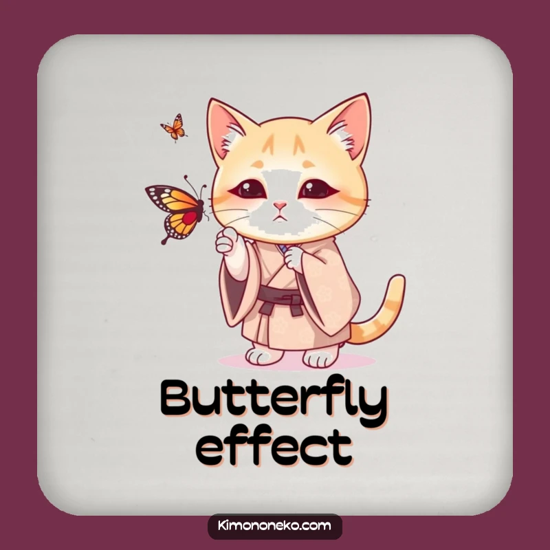 Funny Cat Kimono Coaster: Playful Kitty Batting Butterfly - Protect Surfaces