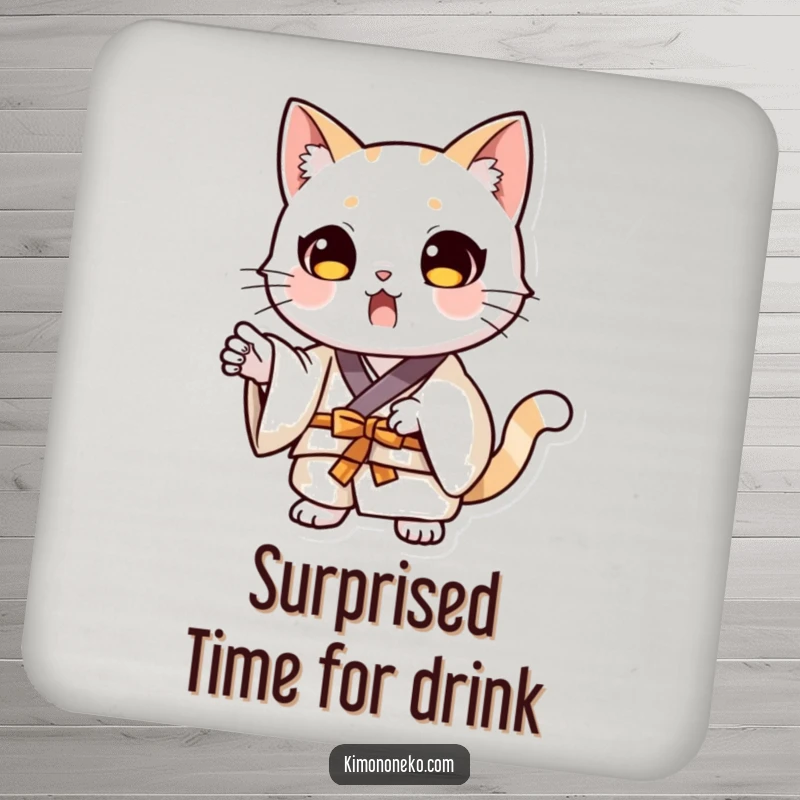 Funny kawaii cat in a kimono, striking a dramatic surprised pose, on a humorous drink coaster.
