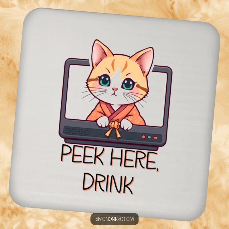 Funny curious cat in a bright kimono peeking from behind screens, design on drink coasters.