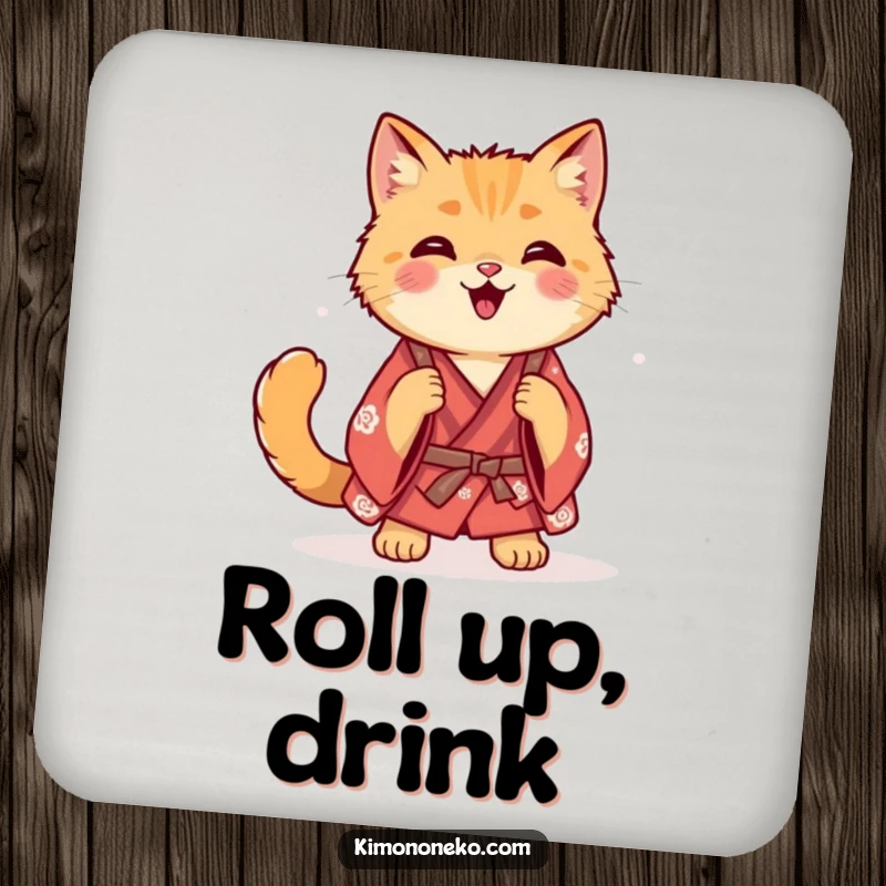 Funny ginger cat in a casual kimono doing a happy roll, design on drink coasters.
