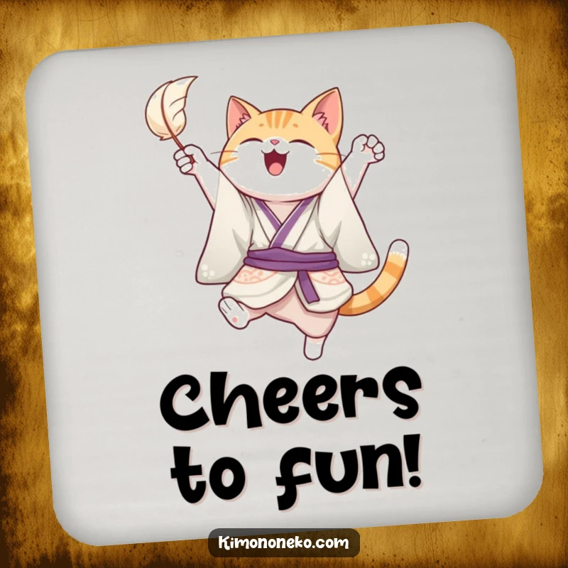 Funny drink coaster featuring a joyful cat in a kimono, leaping playfully to catch a floating feather, adding a touch of fun humor to your table.