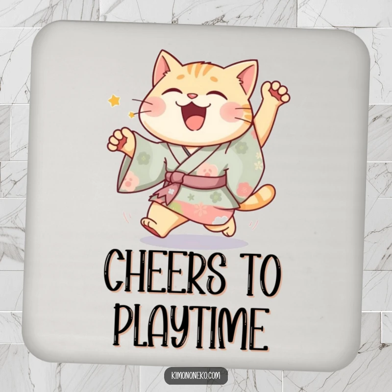 Funny Joyful Cat Kimono Coaster showing a happy cat in vibrant kimono in a silly chase, perfect for surface protection with fun.