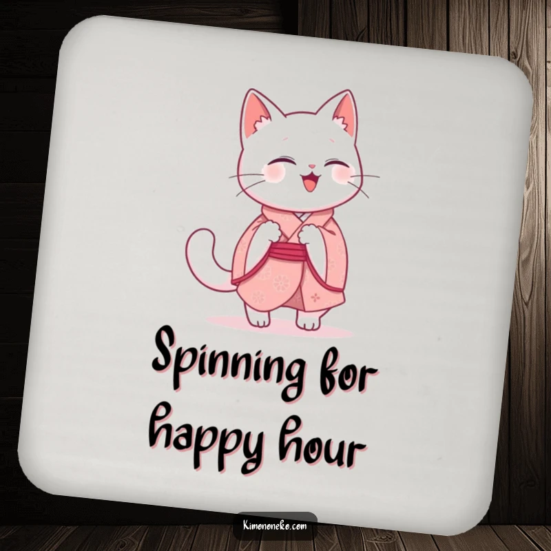 Funny Kawaii Cat Coaster: A giggling white cat in a pink kimono playfully chases its tail, adding humor and surface protection.