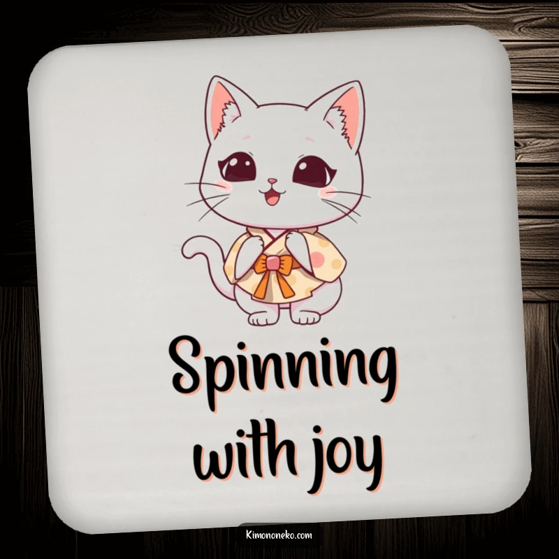 Funny Kawaii cat in a whimsical kimono, doing a clumsy somersault, protecting surfaces with adorable flair.