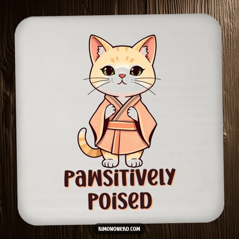 Funny Kawaii cat in a stylized kimono striking a confident stance, cork drink coaster, protective surface.