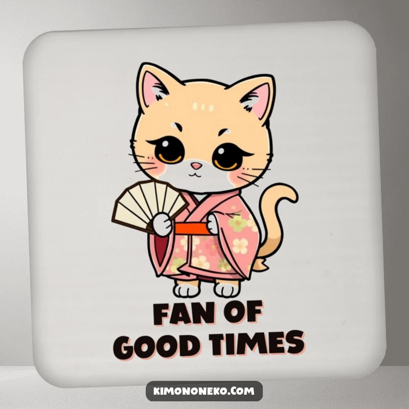 Funny Kawaii cat in a floral kimono, posing with a fan, a protective and funny drink coaster.