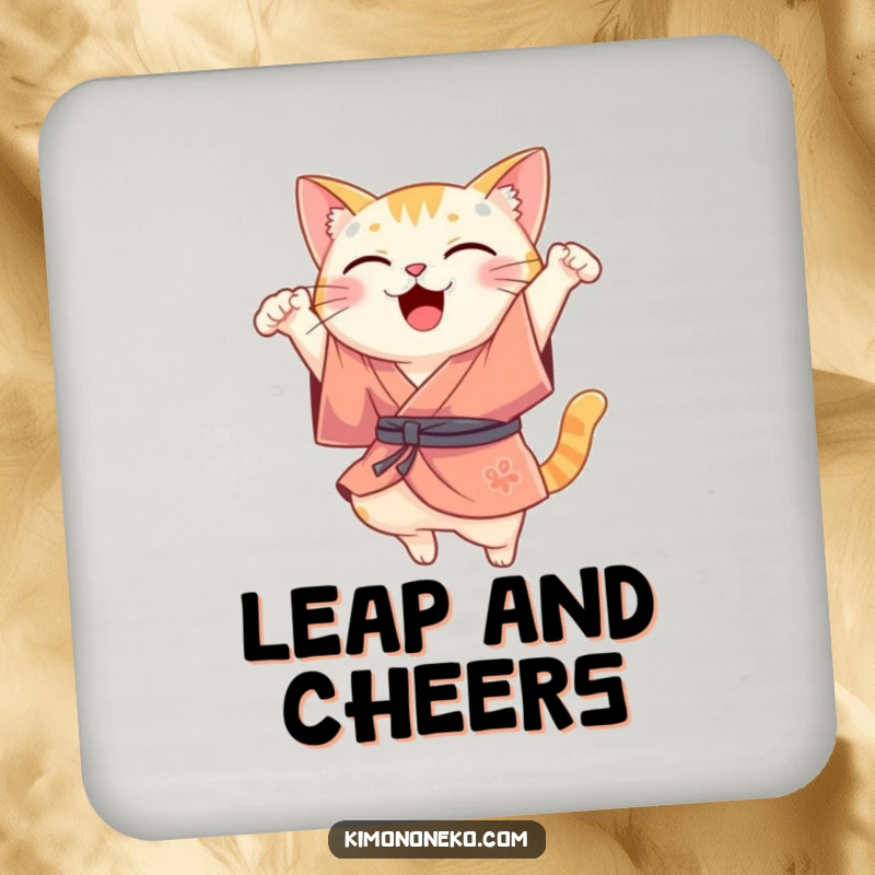 Funny Kawaii cat in a silk kimono, performing a joyful leap, a protective and funny drink coaster.