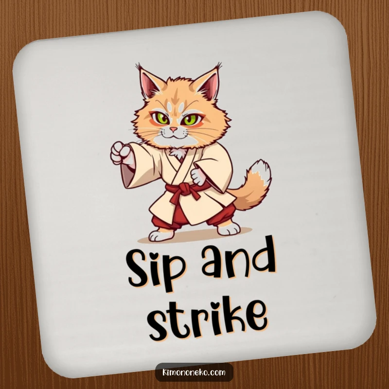 Funny Kawaii Maine Coon cat in sturdy kimono attempting a martial arts move, strong anime coaster, gift.