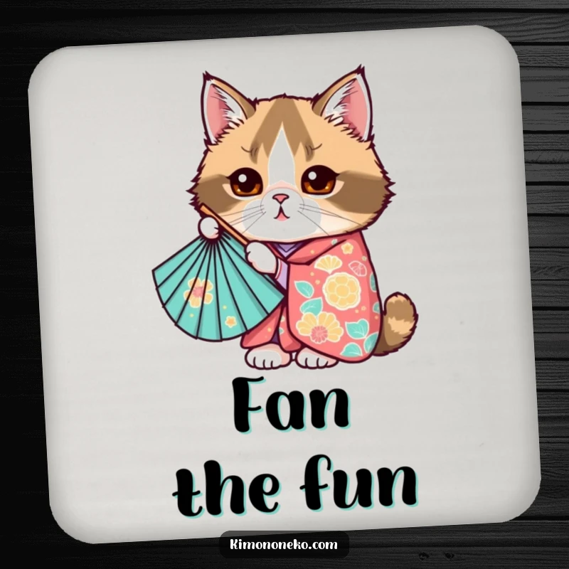 Funny Kawaii Scottish Fold cat peeking from behind a fan, colorful kimono, cute anime coaster, gift.